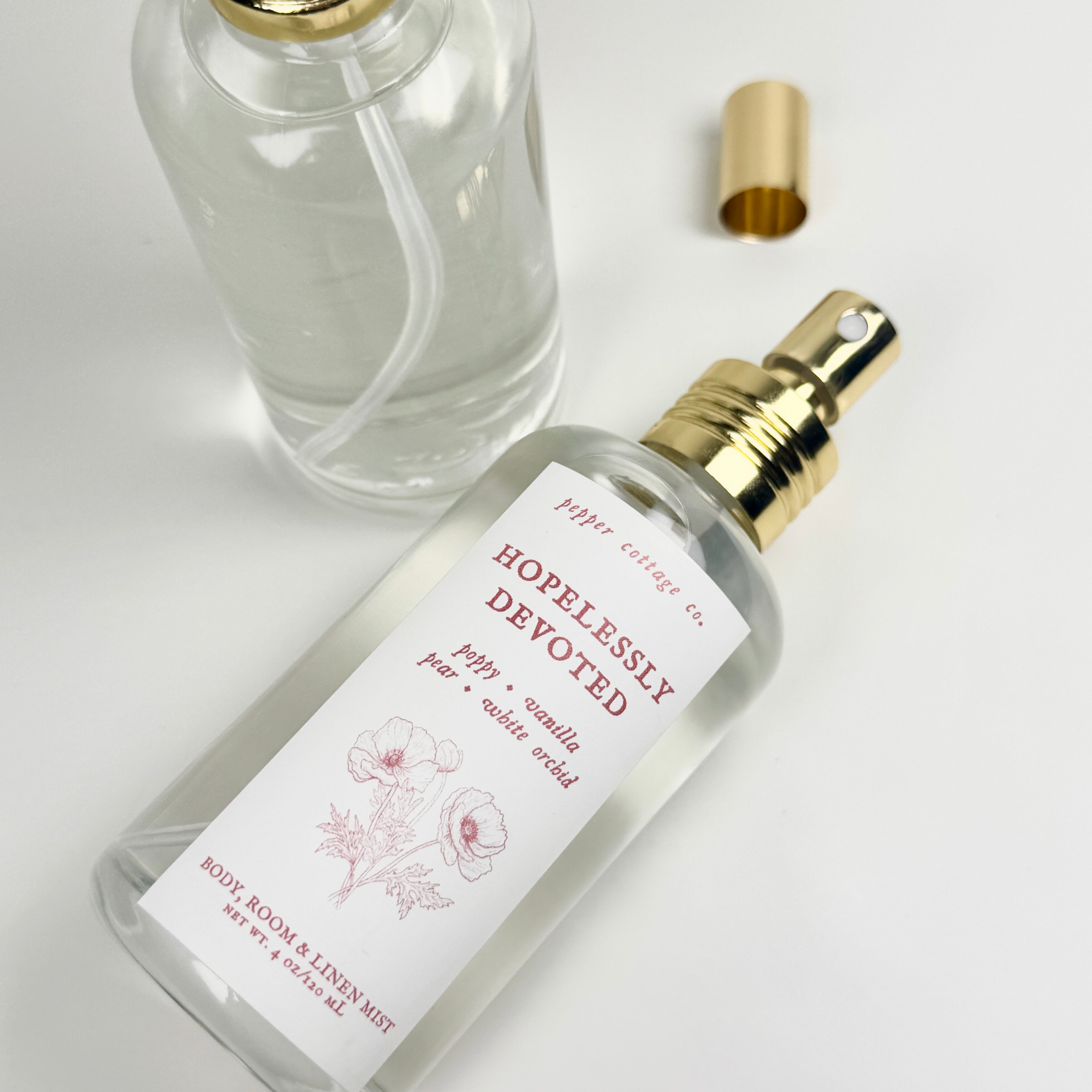 Hopelessly Devoted 4 oz Body, Room, and Linen Mist | Poppy, Pear, Orchid, Vanilla | Floral, Fruity Feminine Body & Room Mist