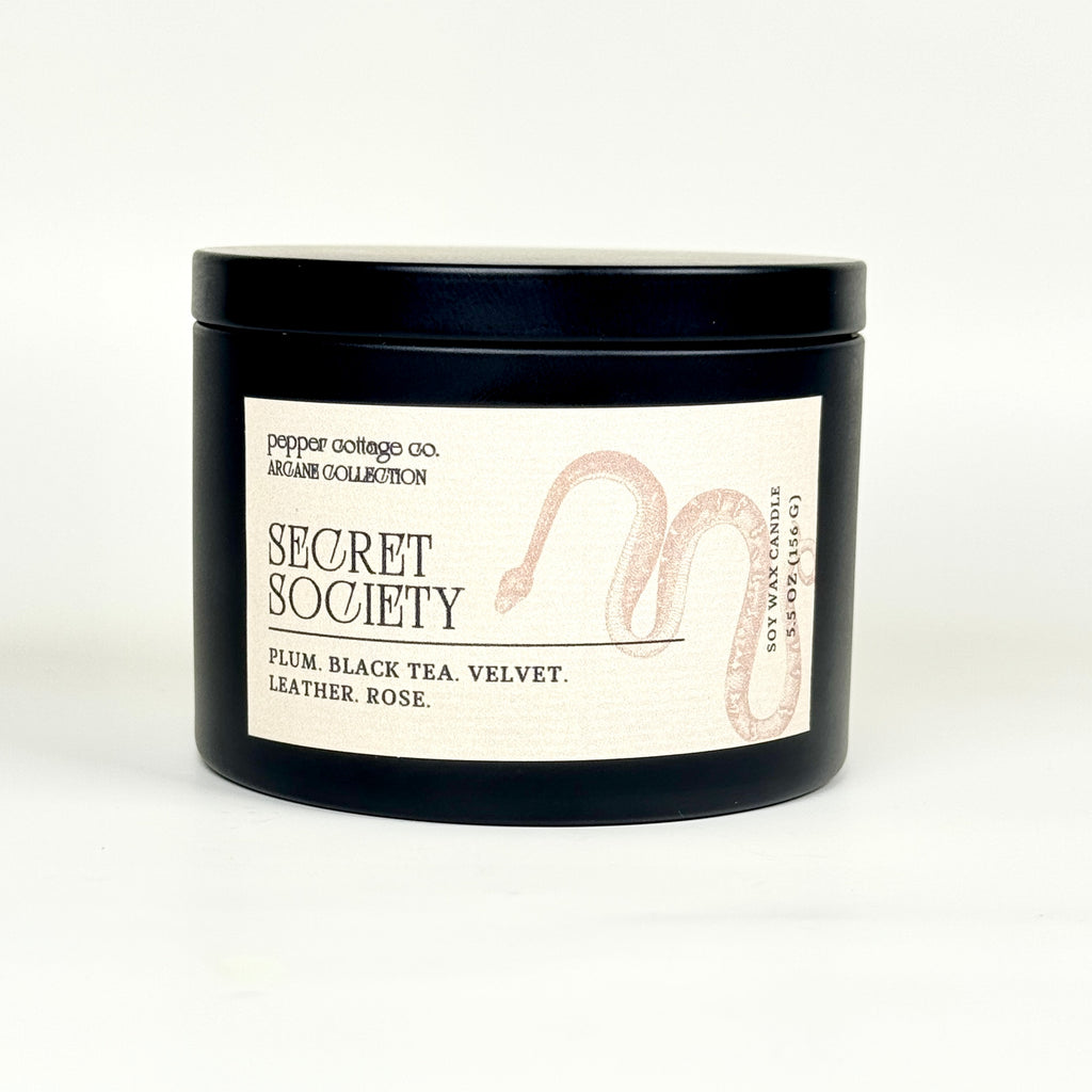 Secret Society 5.5 oz Candle Tin | Plum, Black Tea, Velvet, Leather, Rose | Dark Academia Soy Candle