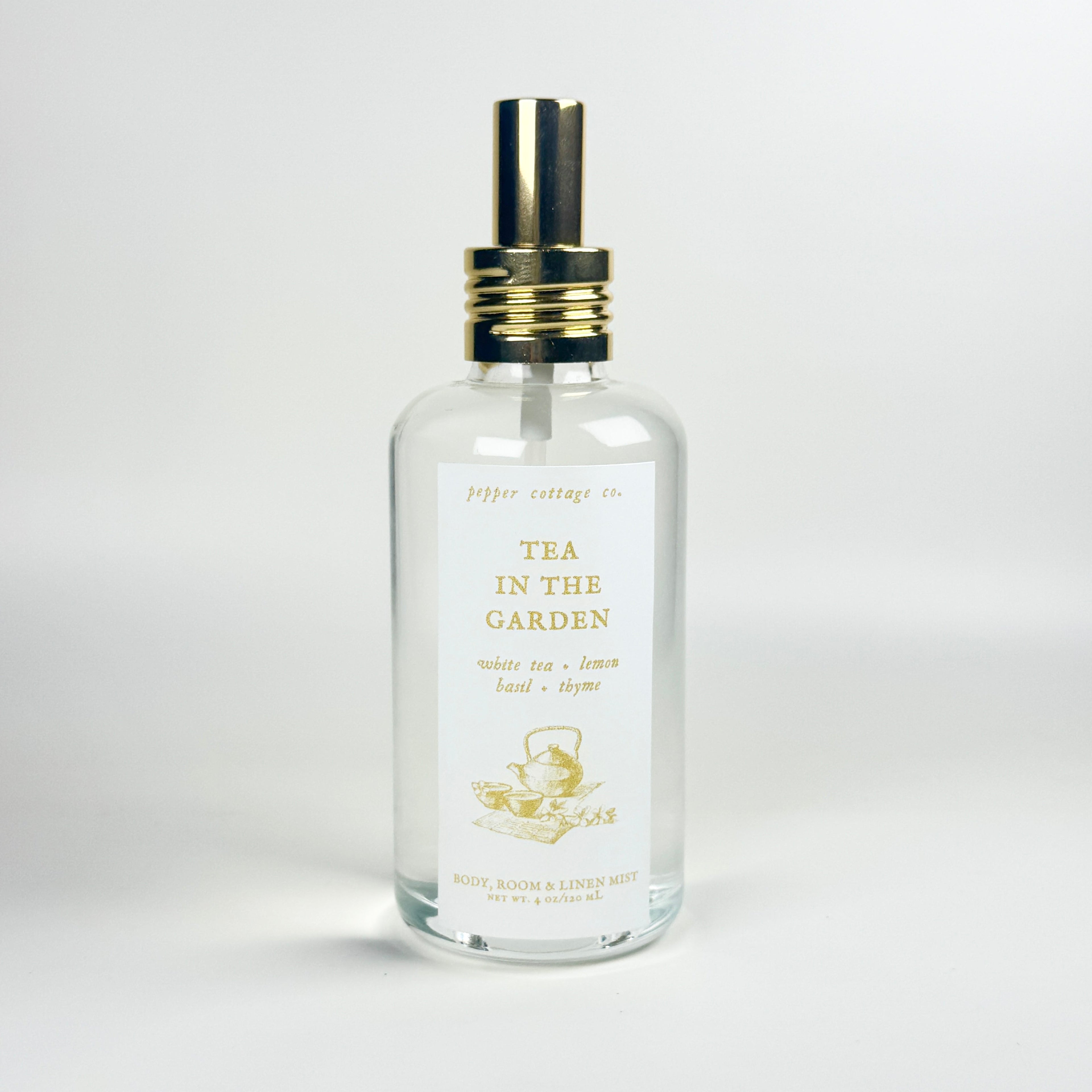 Tea in the Garden 4 oz Body, Room, and Linen Mist | White Tea, Lemon, Basil, Thyme | Clean Calming Citrusy Body & Room Mist