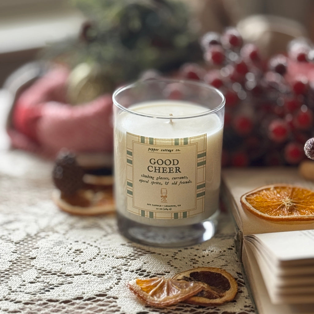 Good Cheer 10 oz Soy Candle | Currants, Bergamot, Absinthe, Vanilla | Non-toxic Sparkling Cocktail Holiday Candle Jar