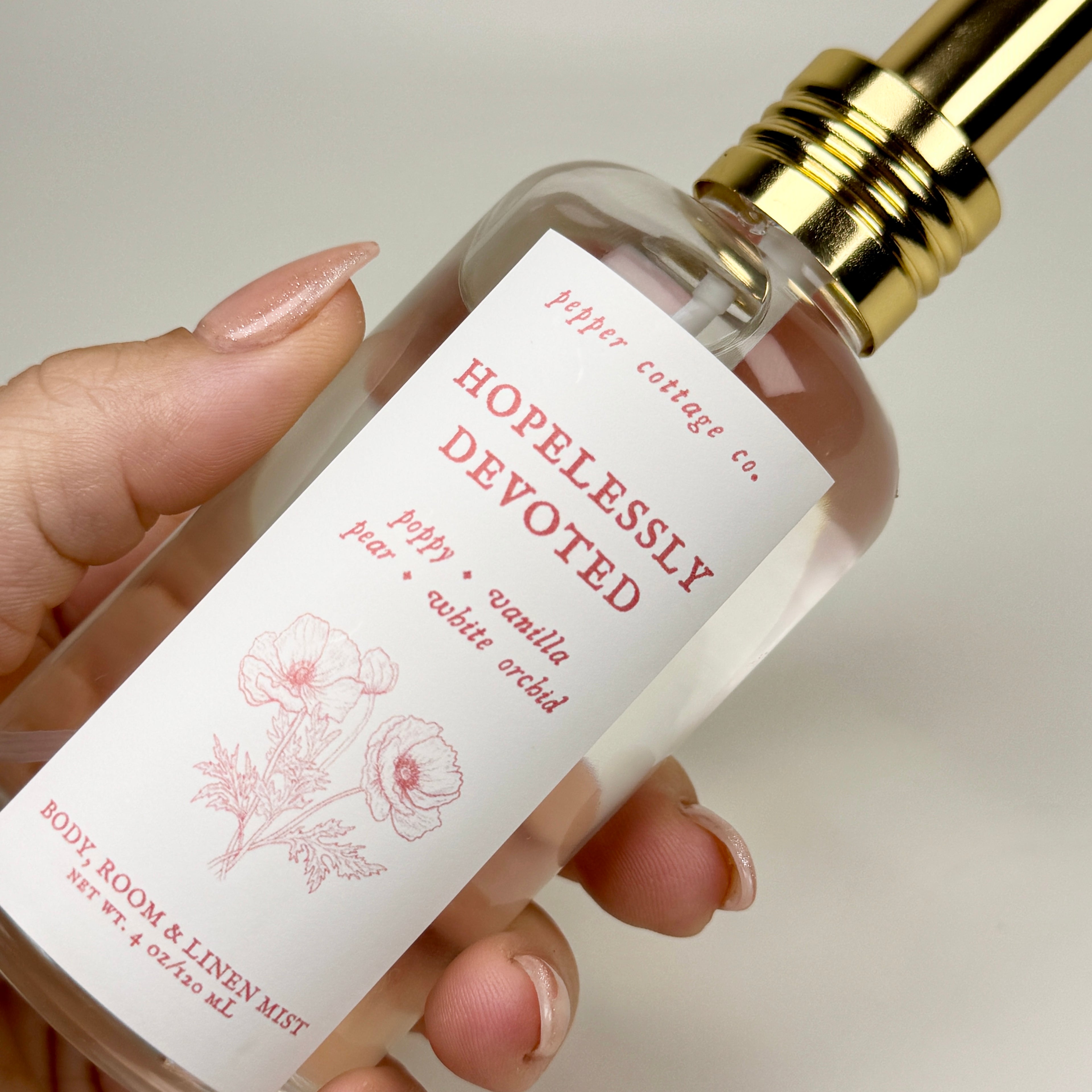 Hopelessly Devoted 4 oz Body, Room, and Linen Mist | Poppy, Pear, Orchid, Vanilla | Floral, Fruity Feminine Body & Room Mist