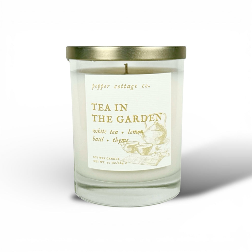 Tea in the Garden 10 oz Soy Candle Jar | White Tea, Lemon, Basil, Thyme | Clean, Herbal, Calming Scented Candle