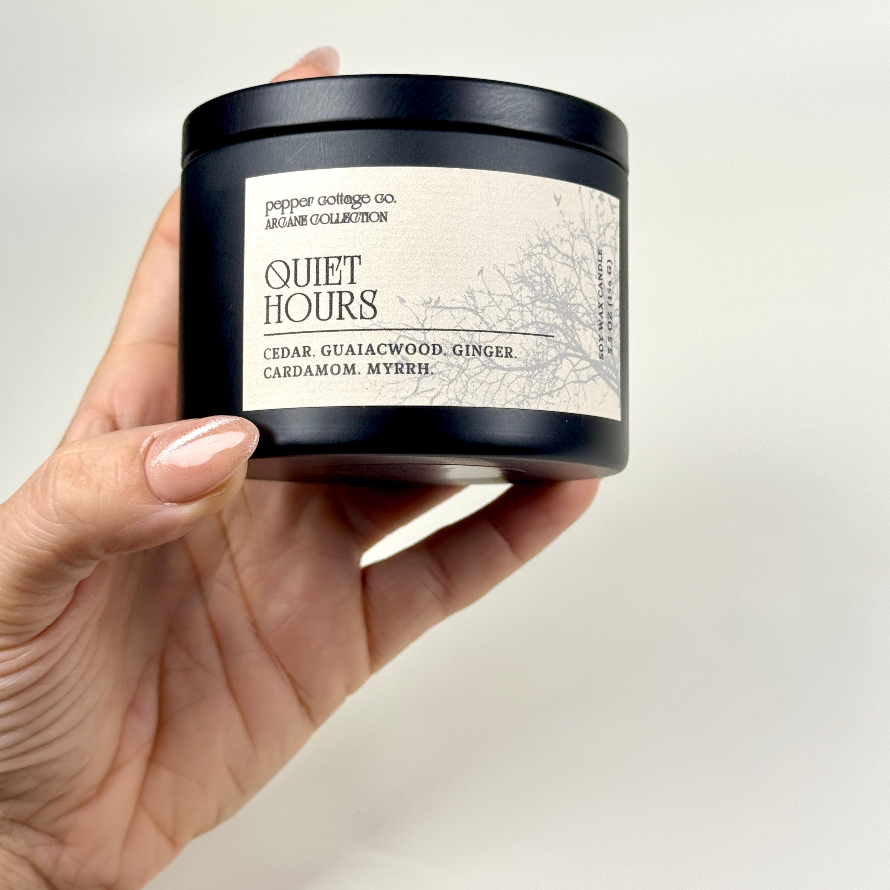 Quiet Hours 5.5 oz Candle Tin | Cedar, Guaiacwood, Ginger, Cardamom, Myrrh | Smoky Woods Dark Academia Soy Candle