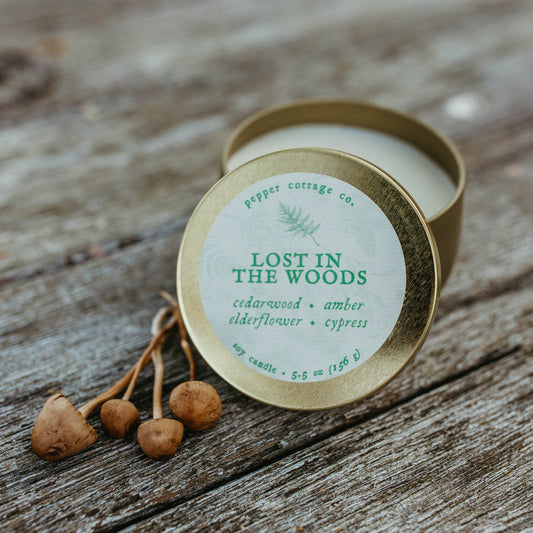 Lost in the Woods 5.5 oz Tin - Cedarwood, Amber, Elderflower, Cypress