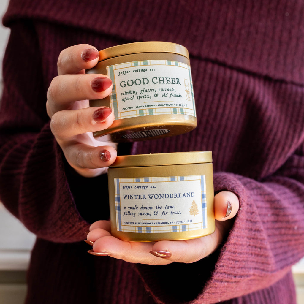 Good Cheer 5.5 oz Soy Candle | Currants, Bergamot, Absinthe, Vanilla | Non-toxic Sparkling Cocktail Holiday Candle Tin