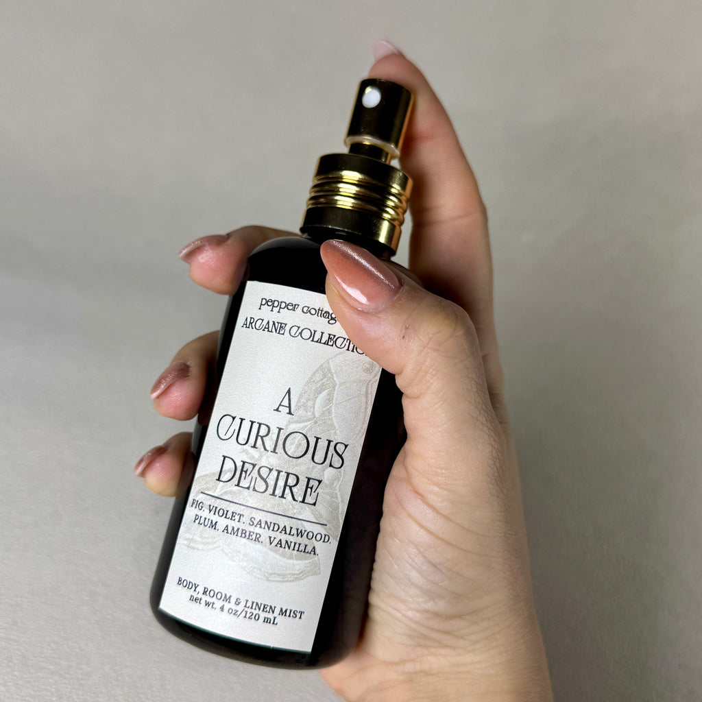 A Curious Desire 4 oz Body, Room, and Linen Mist | Fig, Violet, Plum, Sandalwood, Amber, Vanilla | Sultry Feminine Dark Academia-Inspired Body & Room Mist