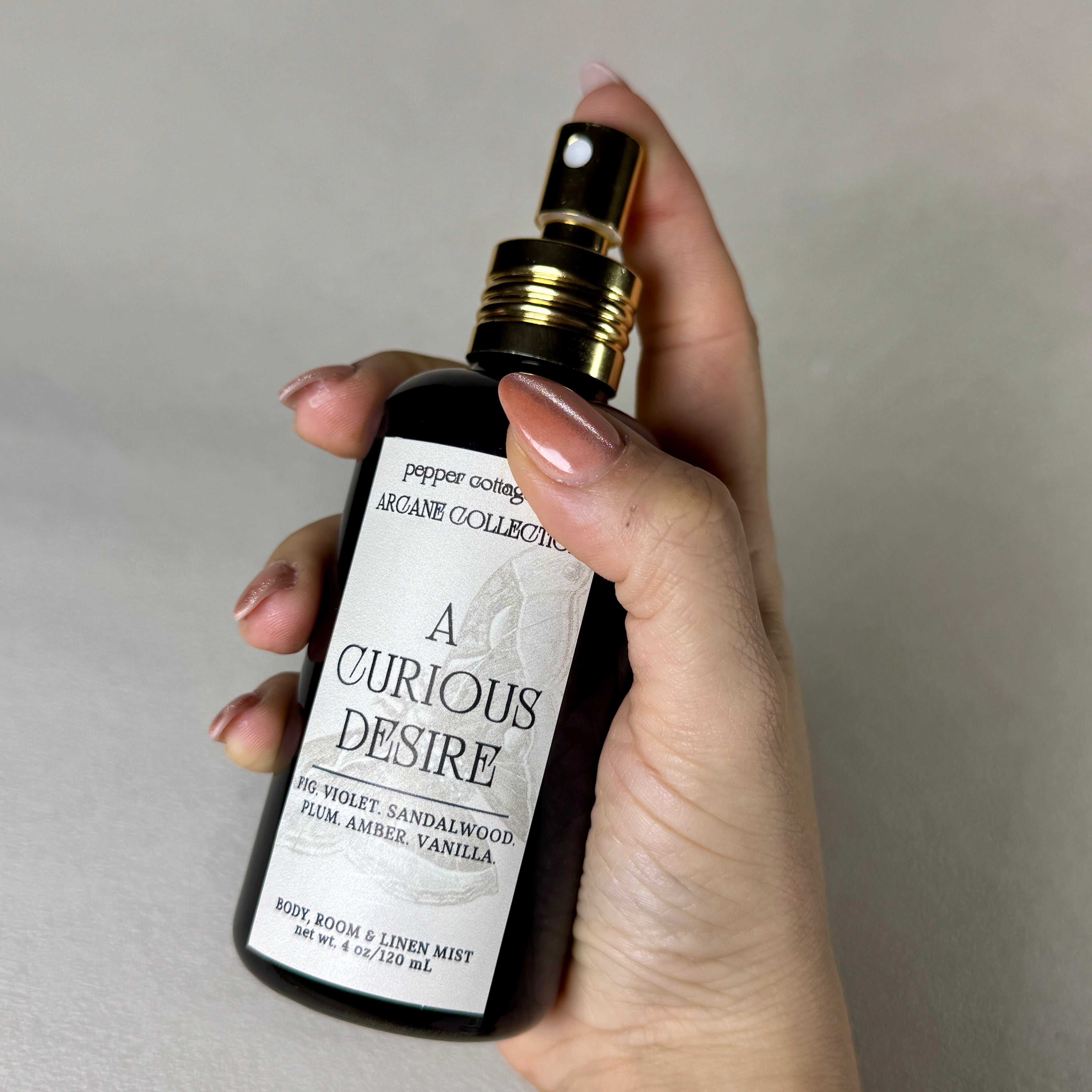 A Curious Desire 4 oz Body, Room, and Linen Mist | Fig, Violet, Plum, Sandalwood, Amber, Vanilla | Sultry Feminine Dark Academia-Inspired Body & Room Mist