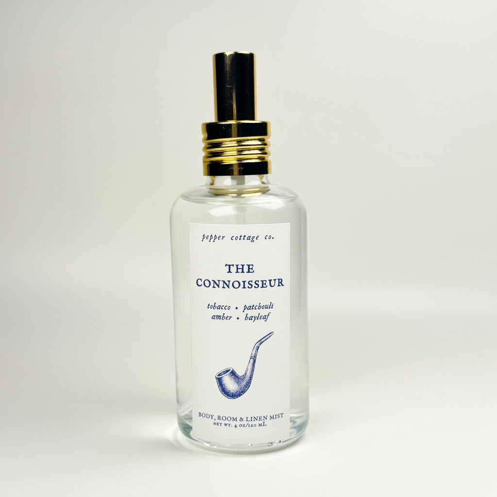 The Connoisseur 4 oz Body, Room, and Linen Mist | Amber, Patchouli, Tobacco, Bayleaf| Clean Herbal Woody Body & Room Mist