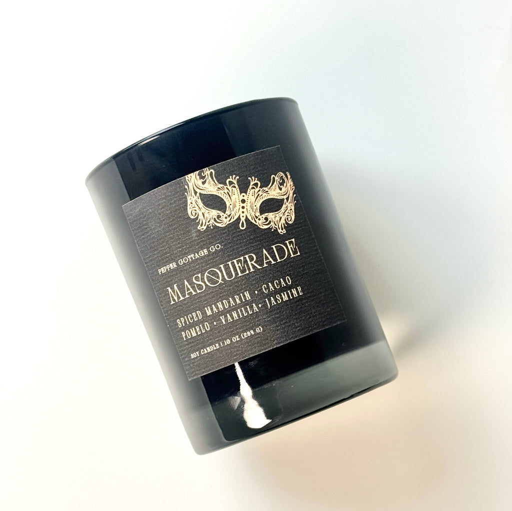 Masquerade 10 oz Candle Jar | Spiced Mandarin, Cacao, Pomelo, Vanilla, Jasmine | Dark Academia Soy Candle