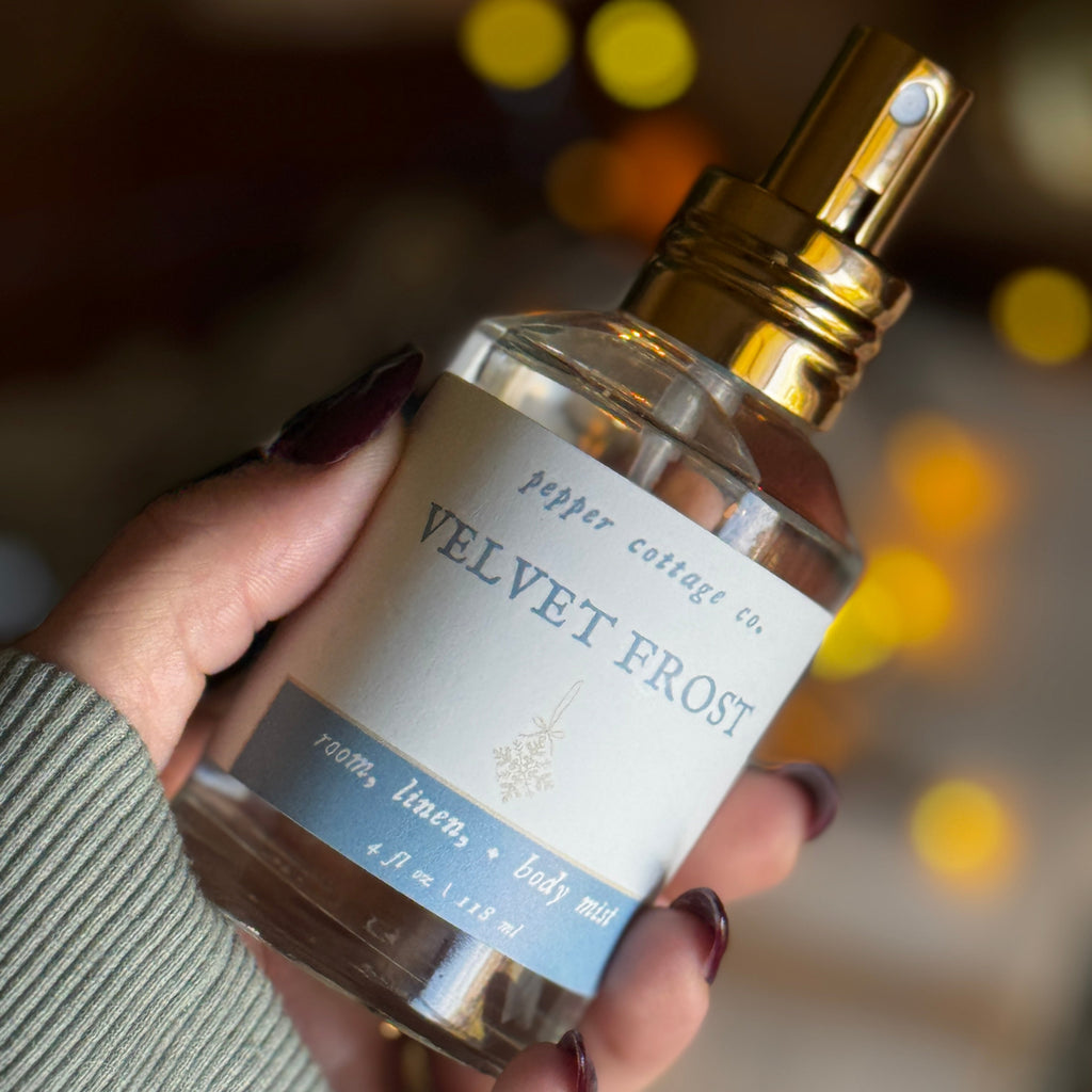 4 oz Velvet Frost Body Safe  Room & Linen Mist | Vanilla, Amber, Cashmere, Musk | Cozy Vanilla Holiday Scent Body Spray