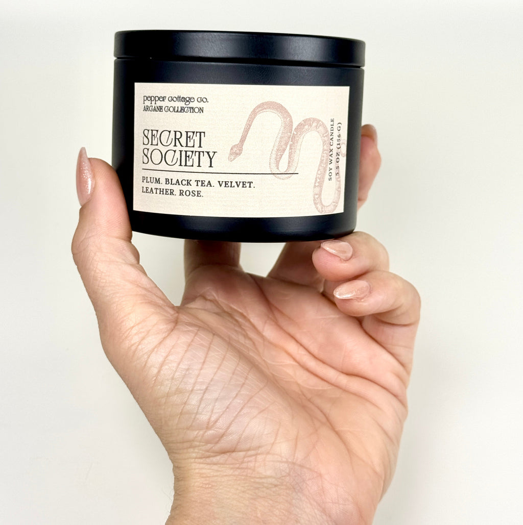 Secret Society 5.5 oz Candle Tin | Plum, Black Tea, Velvet, Leather, Rose | Dark Academia Soy Candle