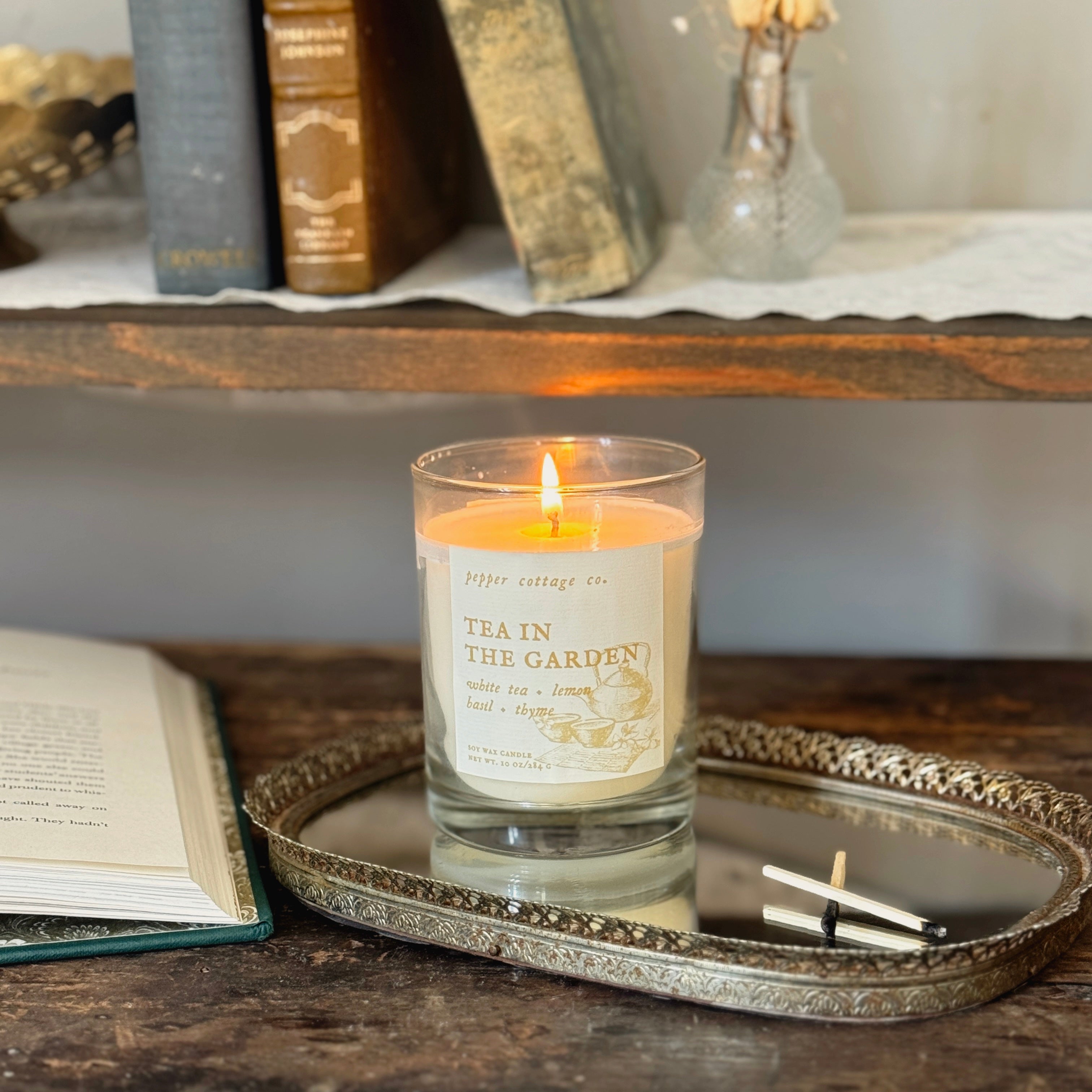 Tea in the Garden 10 oz Soy Candle Jar | White Tea, Lemon, Basil, Thyme | Clean, Herbal, Calming Scented Candle