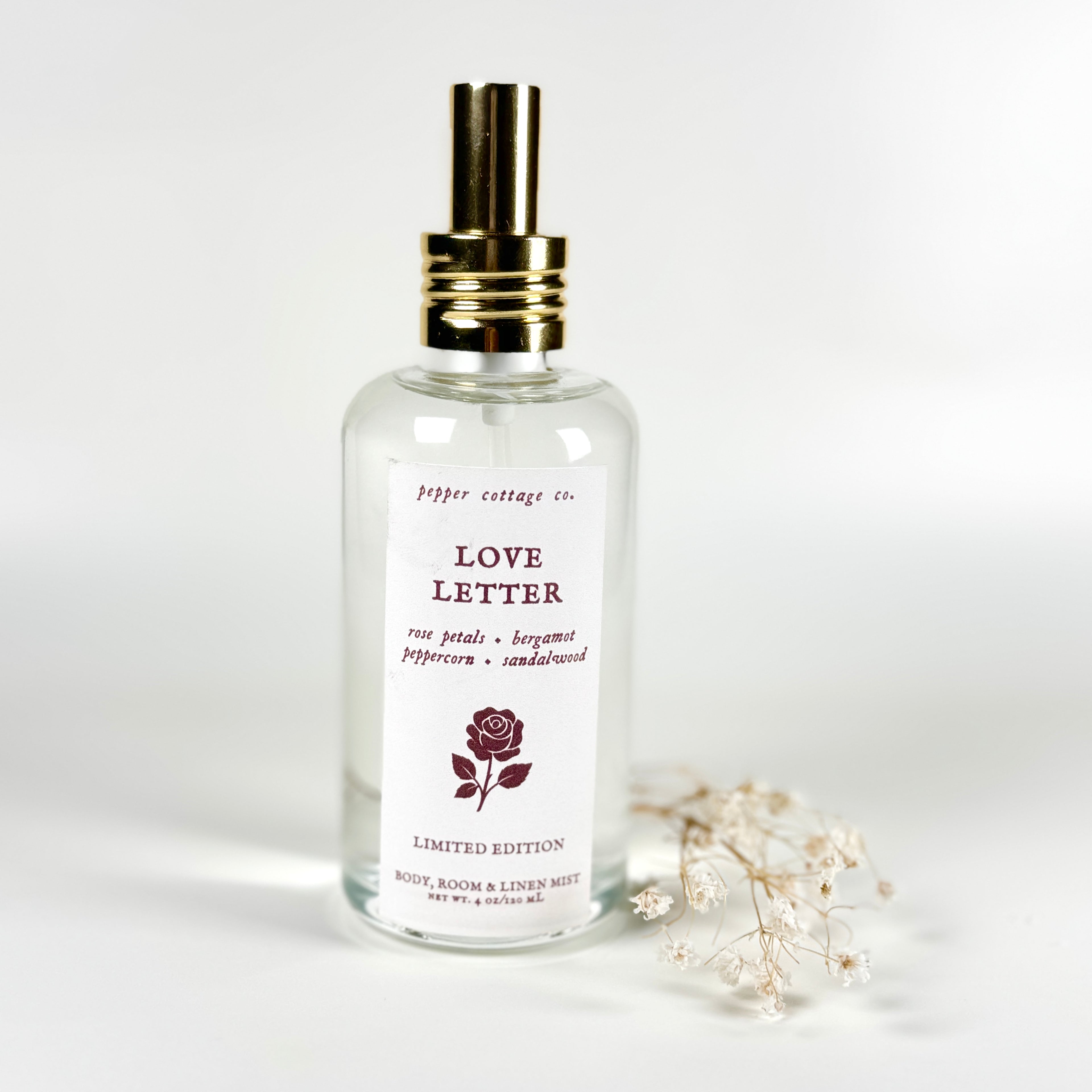Love Letter 4 oz Body, Room, and Linen Mist LIMITED EDITION | Rose Petals, Bergamot, Peppercorn, Sandalwood | Valentine's Day Body Spray