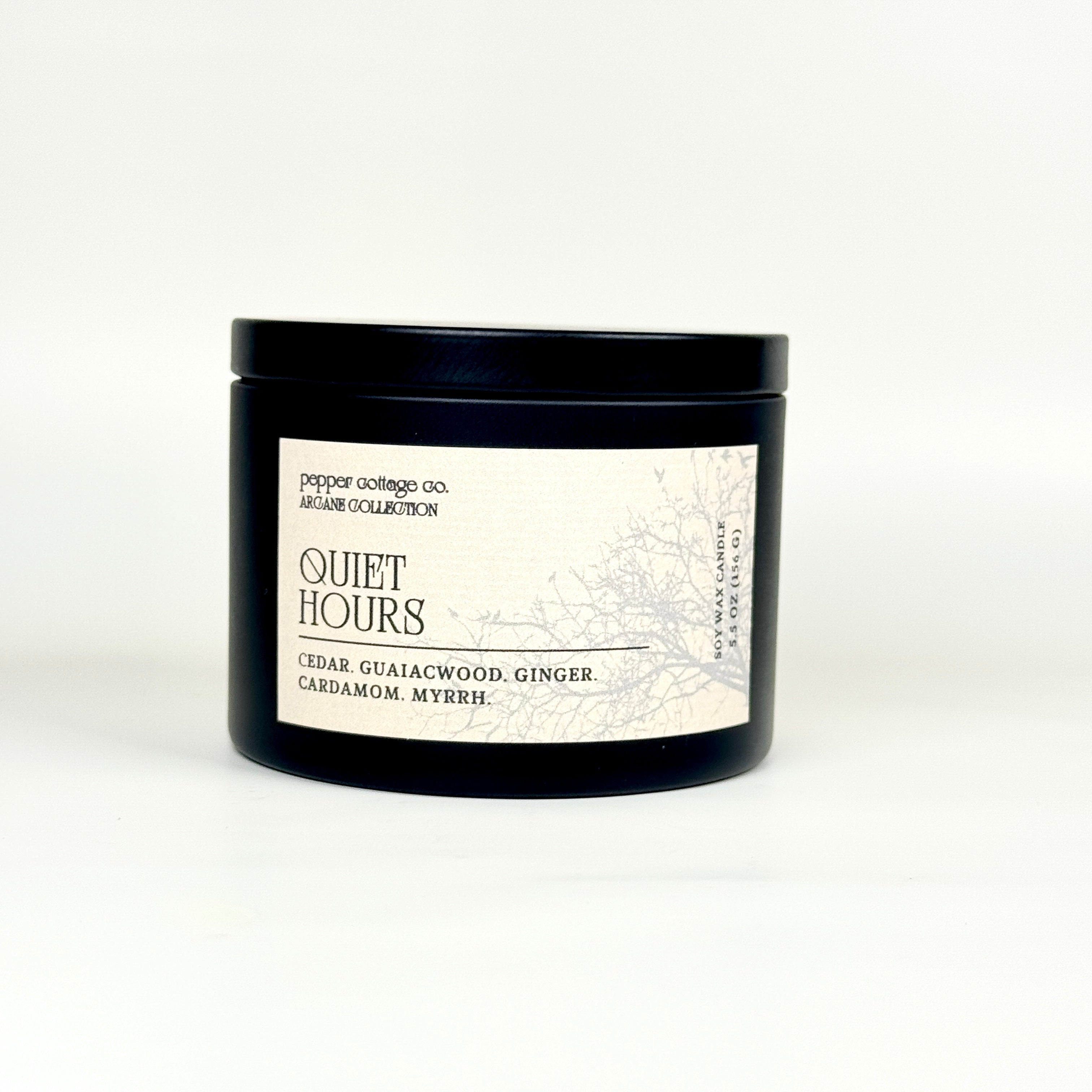 Quiet Hours 5.5 oz Candle Tin | Cedar, Guaiacwood, Ginger, Cardamom, Myrrh | Smoky Woods Dark Academia Soy Candle