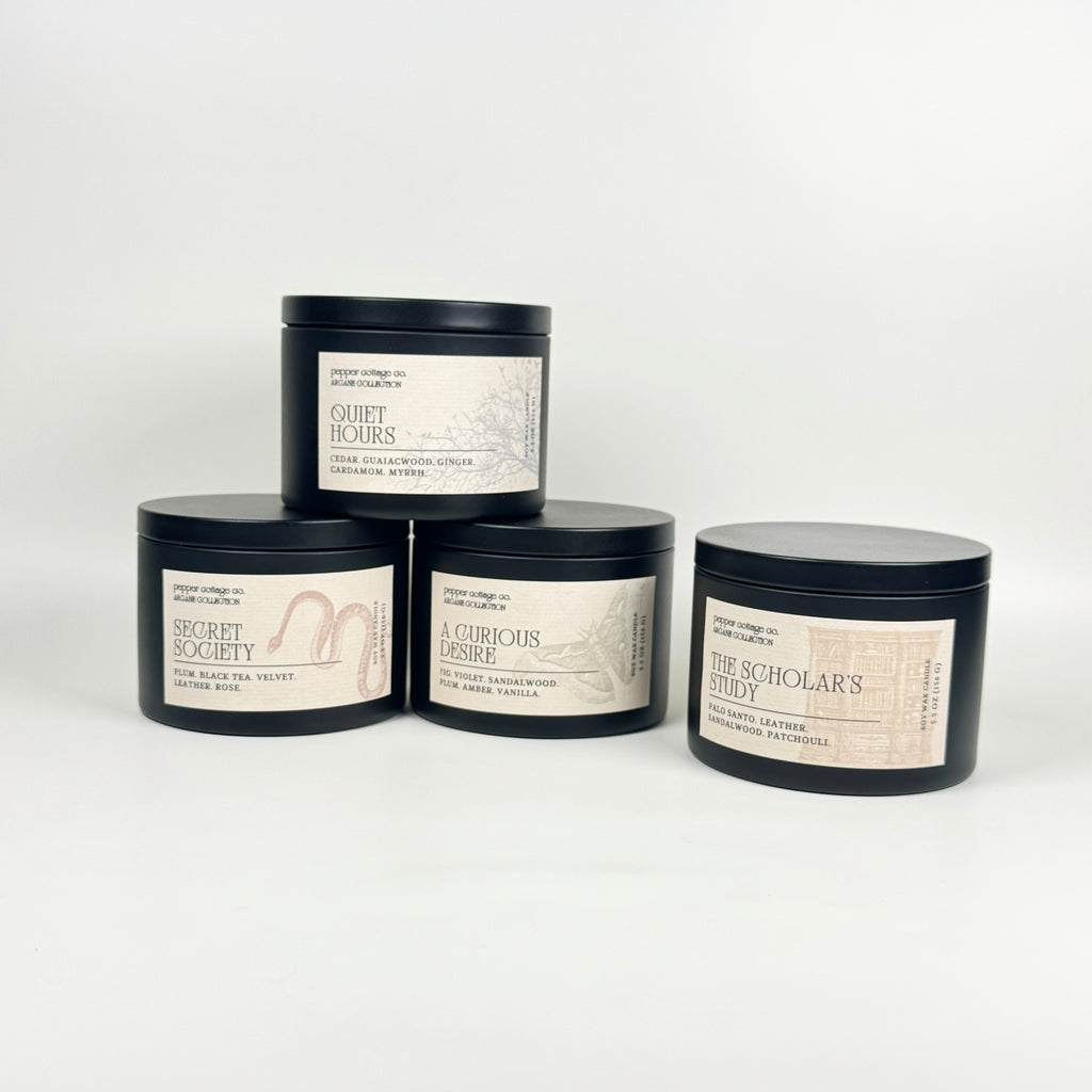 The Scholar's Study 5.5 oz Candle Tin | Palo Santo, Sandalwood, Leather, Patchouli | Dark Academia Inspired Coconut Blend Candle