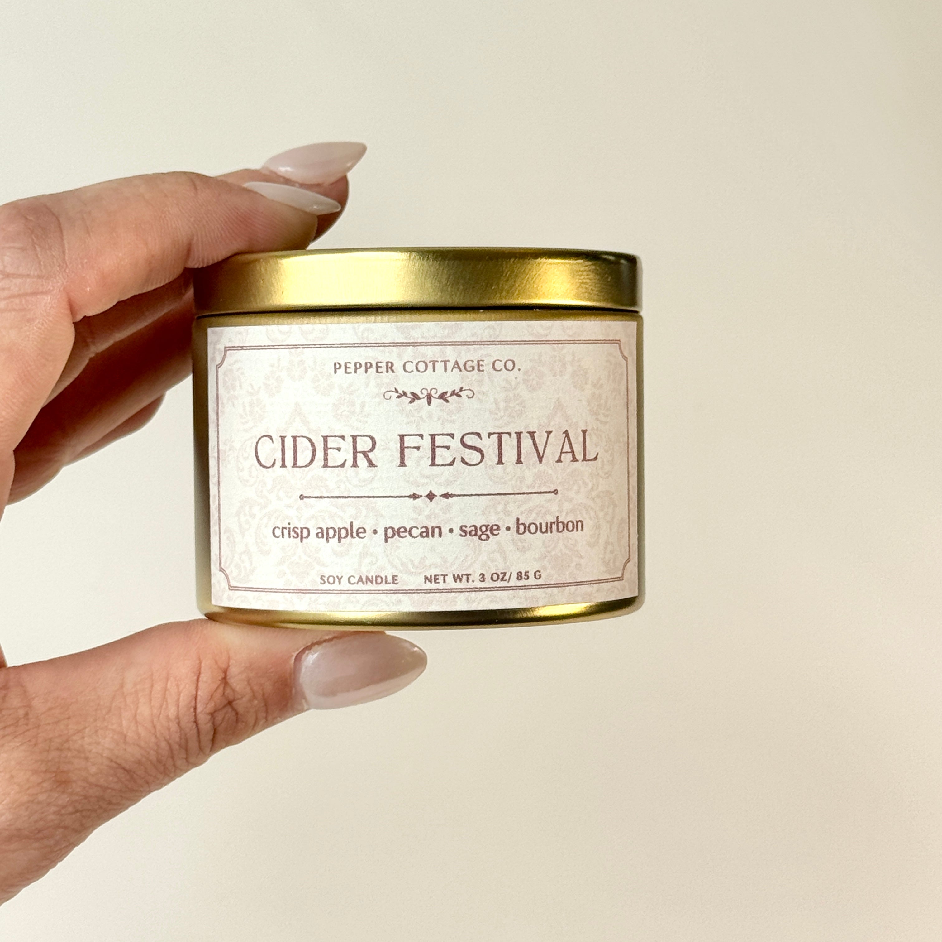 Cider Festival - Apple, Pecan, Bourbon, Sage 3 oz Soy Fall Candle