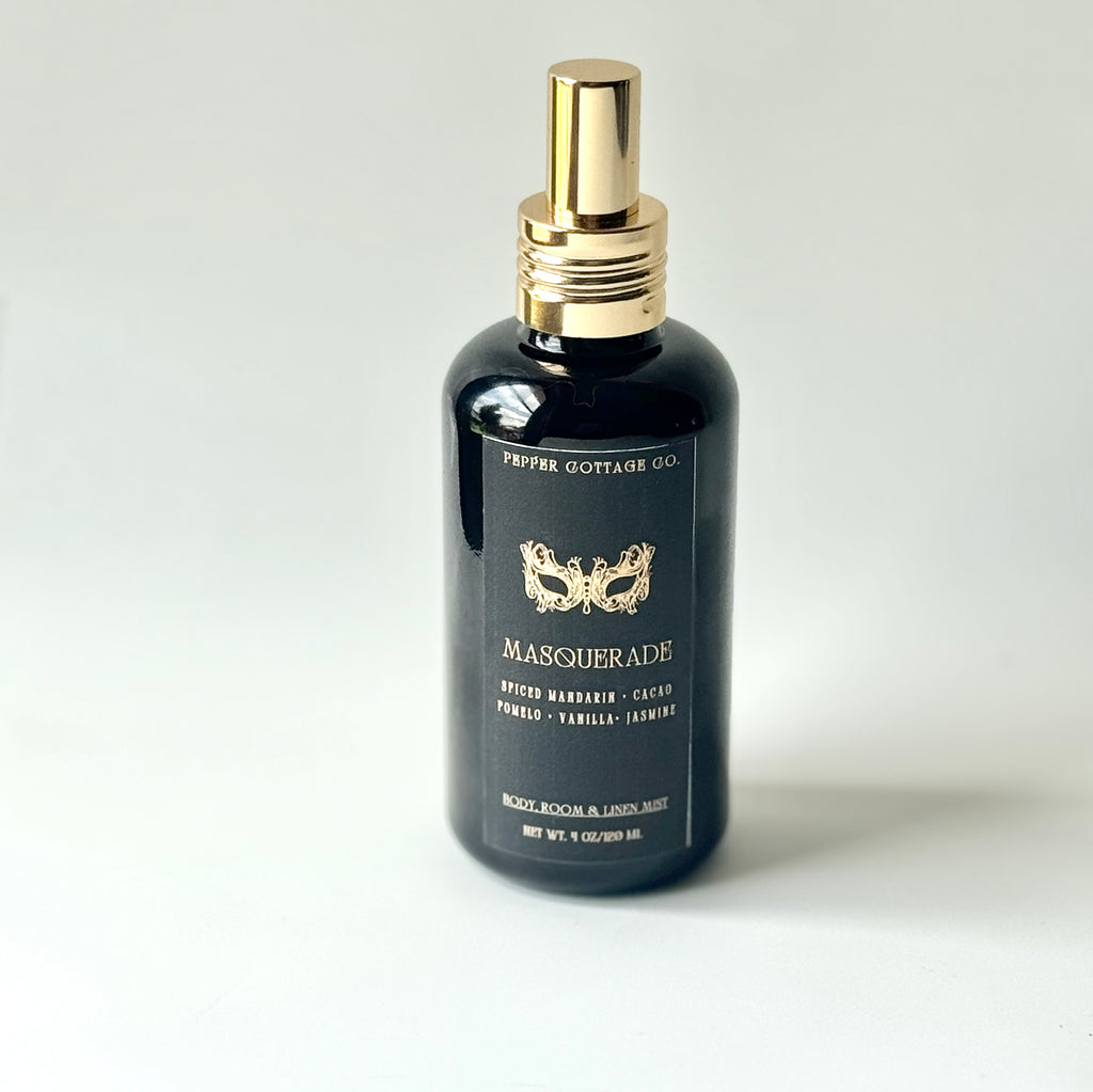 Masquerade 4 oz Body + Home Mist | Spiced Mandarin, Cacao, Pomelo, Vanilla, Jasmine | Spicy Citrus Floral Dark Academia-Inspired Body Mist