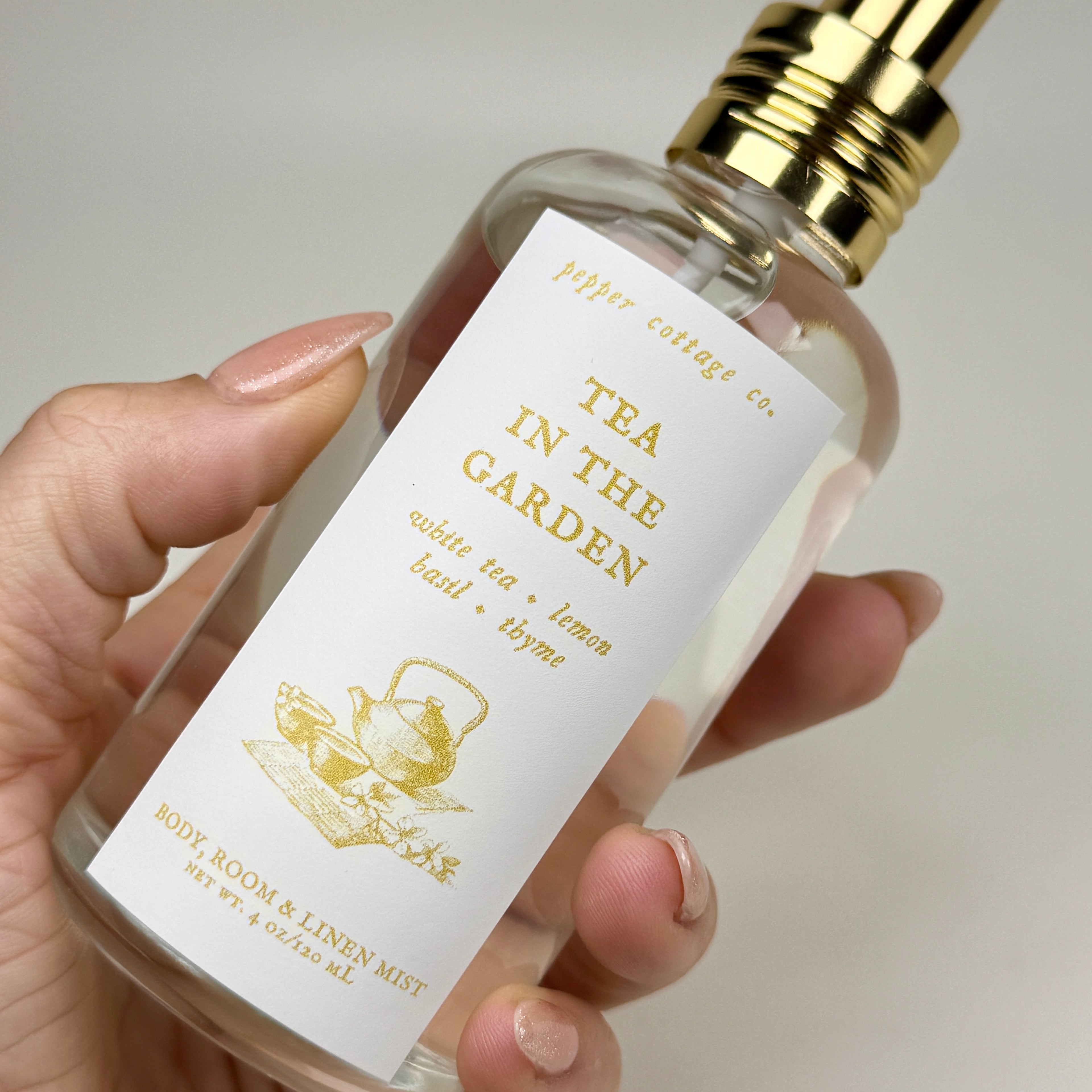 Tea in the Garden 4 oz Body, Room, and Linen Mist | White Tea, Lemon, Basil, Thyme | Clean Calming Citrusy Body & Room Mist
