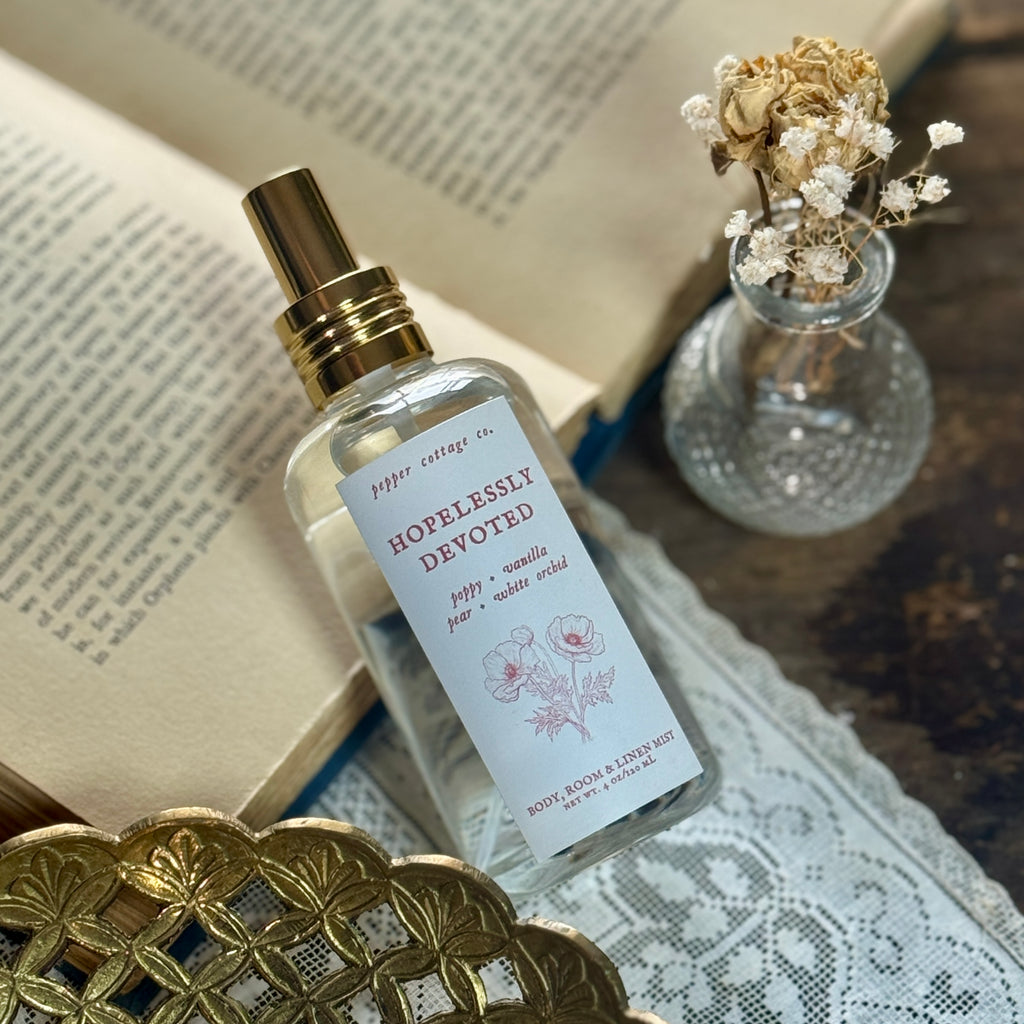 Hopelessly Devoted 4 oz Body, Room, and Linen Mist | Poppy, Pear, Orchid, Vanilla | Floral, Fruity Feminine Body & Room Mist