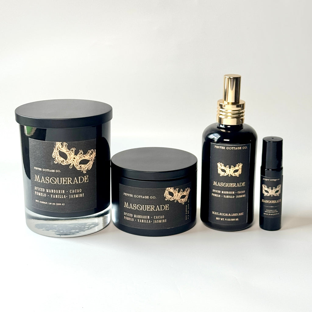 Masquerade 5.5 oz Candle Tin | Spiced Mandarin, Cacao, Pomelo, Vanilla, Jasmine | Spiced Citrus Floral Dark Academia Soy Candle