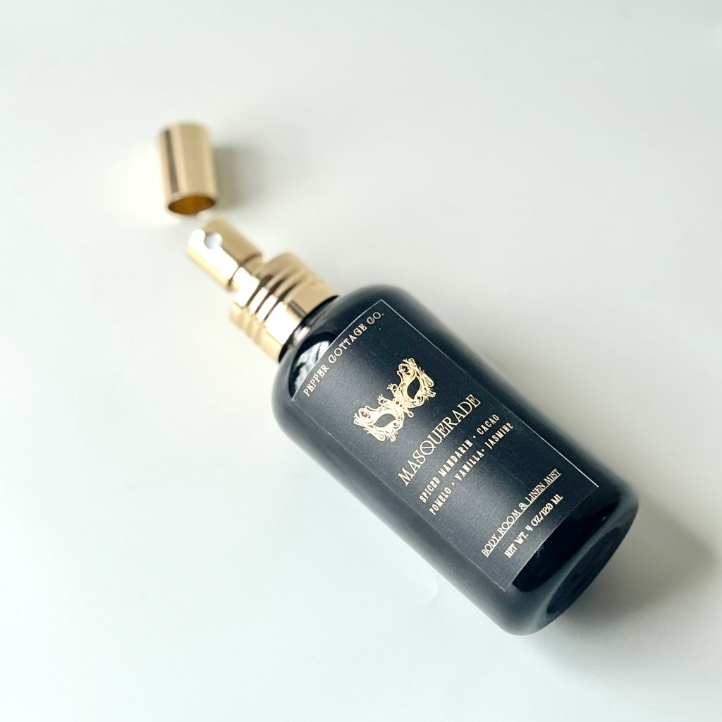 Masquerade 4 oz Body + Home Mist | Spiced Mandarin, Cacao, Pomelo, Vanilla, Jasmine | Spicy Citrus Floral Dark Academia-Inspired Body Mist