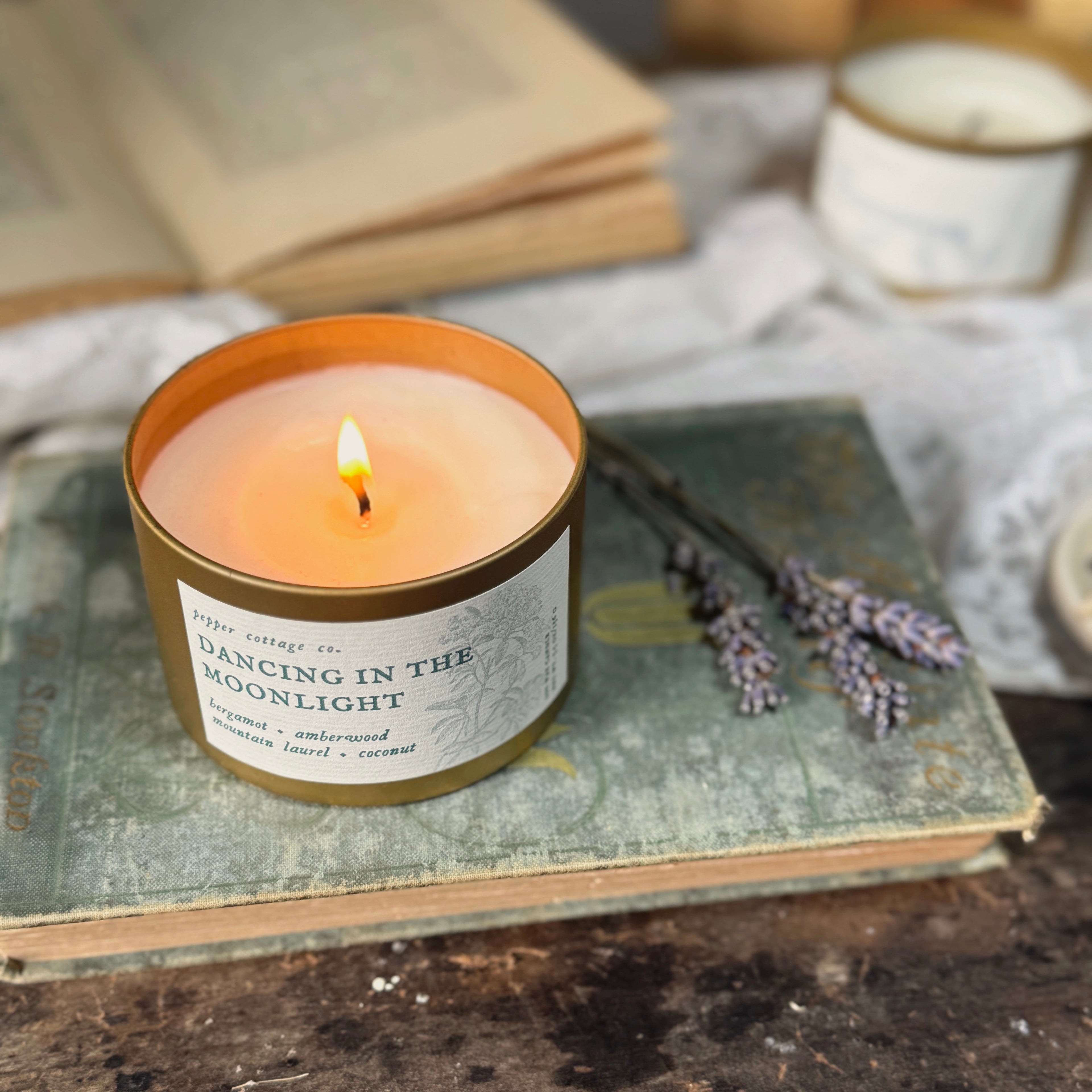 Dancing in the Moonlight 5.5 oz Soy Candle Tin | Bergamot, Amberwood, Mountain Laurel, Coconut | Clean and Citrusy Scented Candle