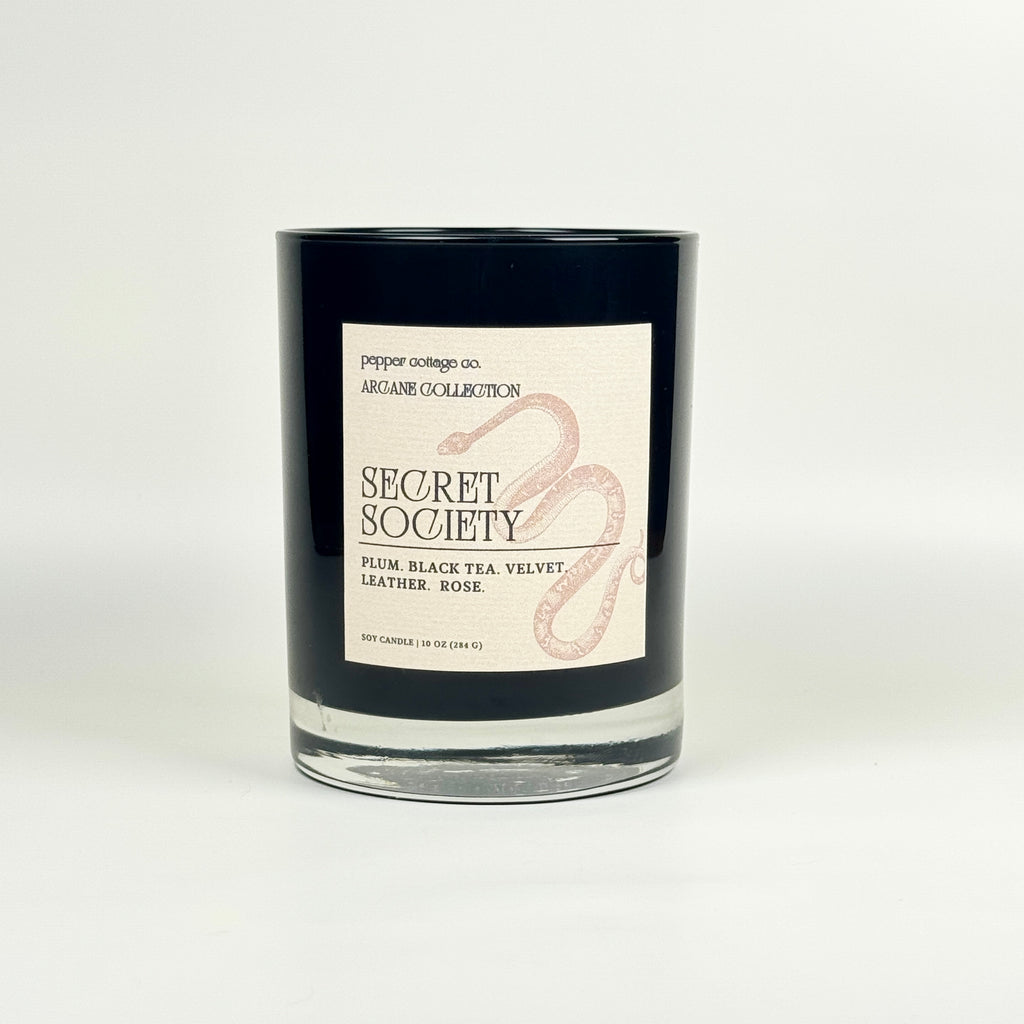 Secret Society 10 oz Candle | Plum, Black Tea, Velvet, Leather, Rose | Dark Academia Soy Candle