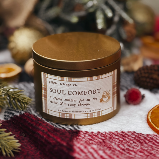 Soul Comfort 5.5 oz Soy Candle | Ginger, Citrus, Baking Spices | Non-toxic Spiced Scent Holiday Candle Tin