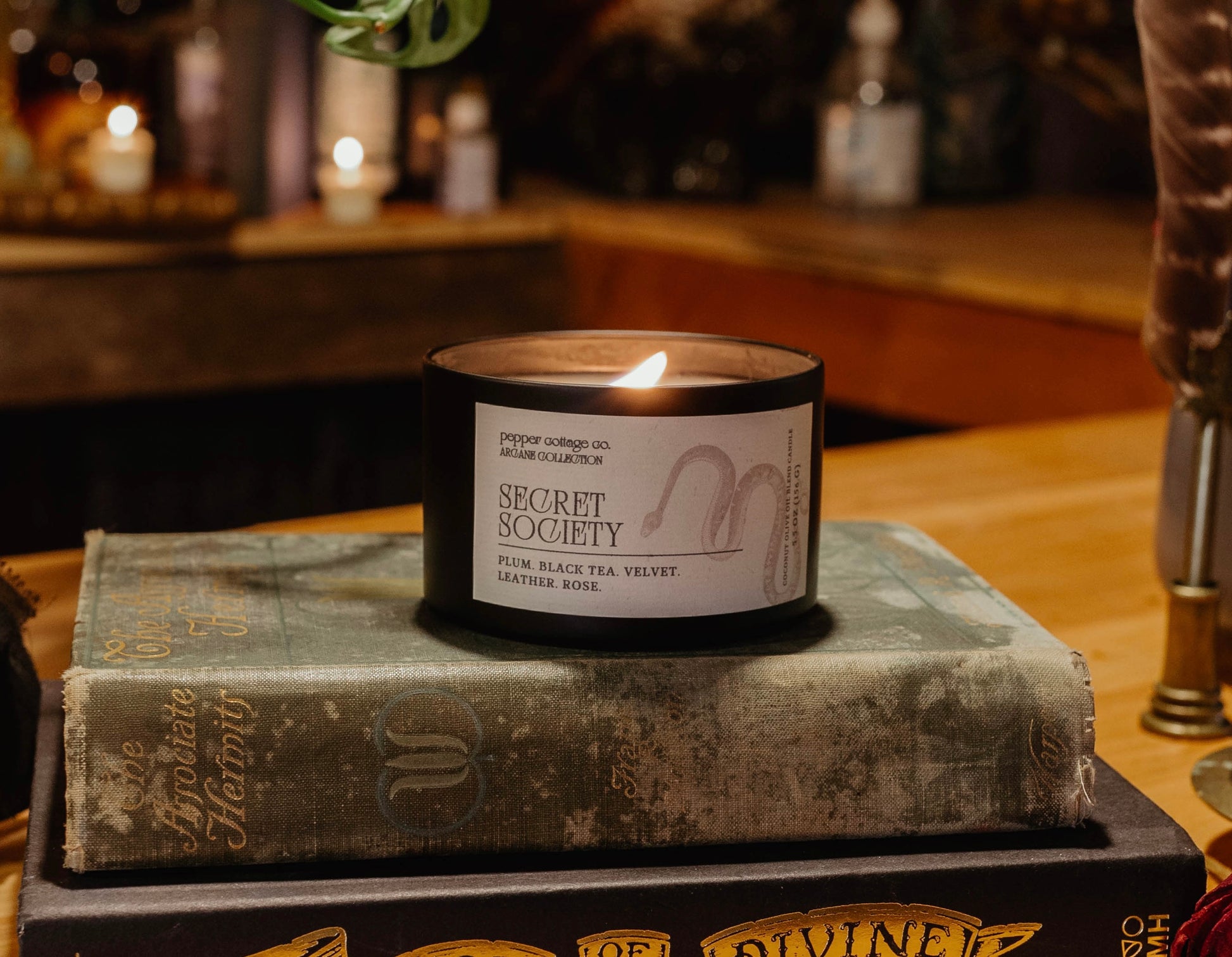 Candle labeled 'Secret Society' on top of a book with a blurred background