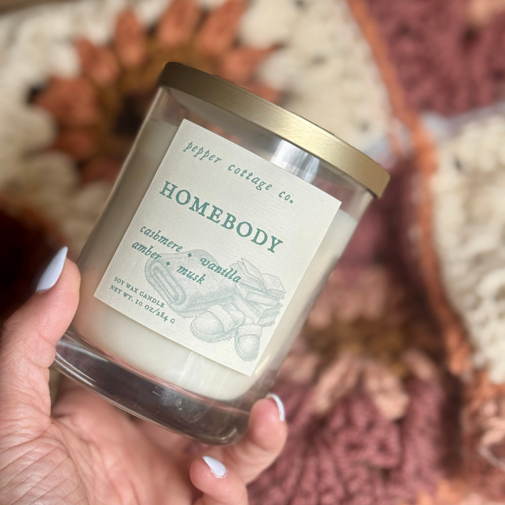 Homebody 10 oz Soy Candle Jar | Cashmere. Vanilla, Amber, Musk | Cozy Vanilla Scented Candle