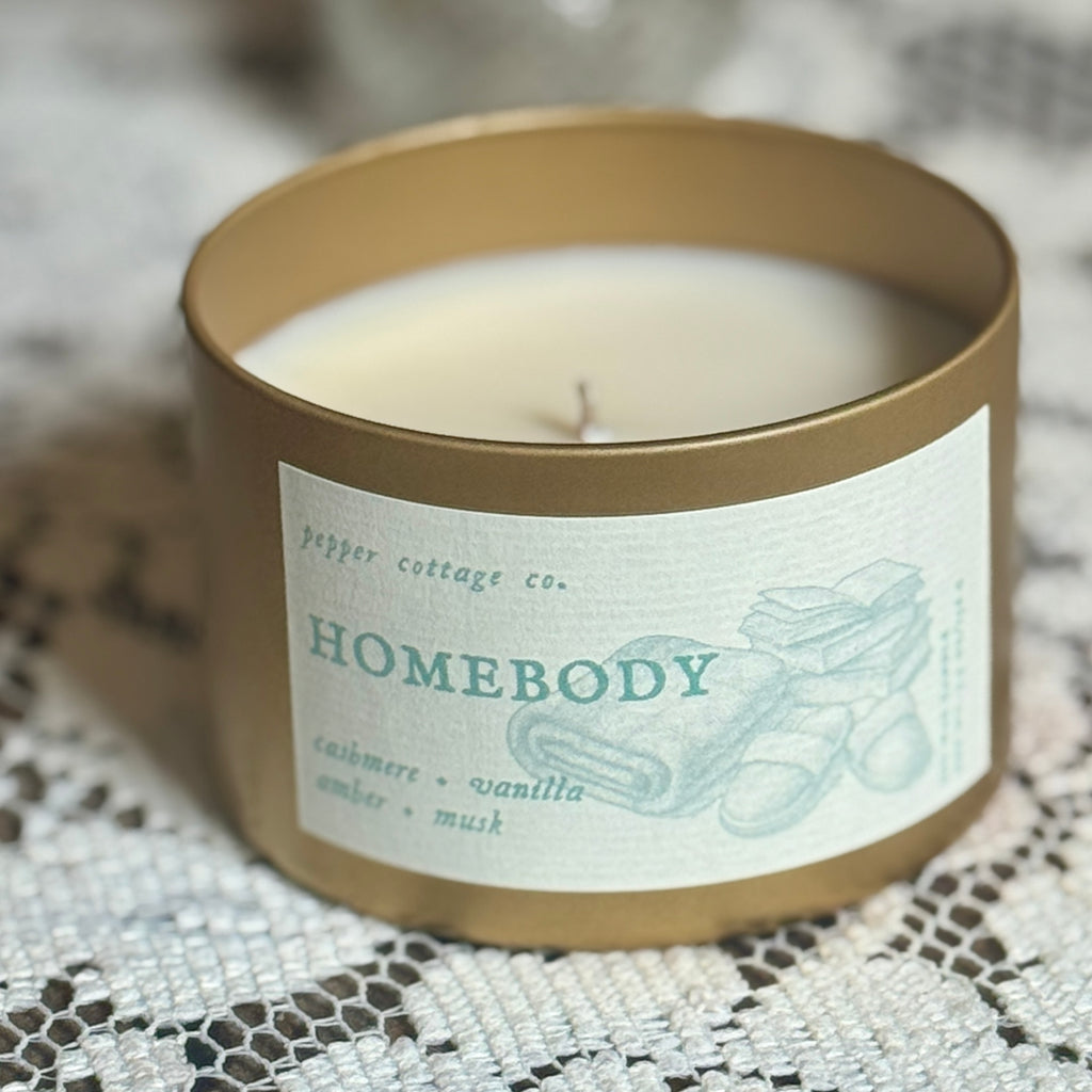 Homebody 5.5 oz Soy Candle Tin | Cashmere, Vanilla, Amber, Musk | Cozy Vanilla Scented Candle