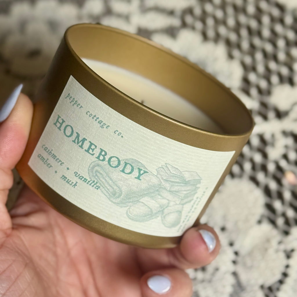 Homebody 5.5 oz Soy Candle Tin | Cashmere, Vanilla, Amber, Musk | Cozy Vanilla Scented Candle