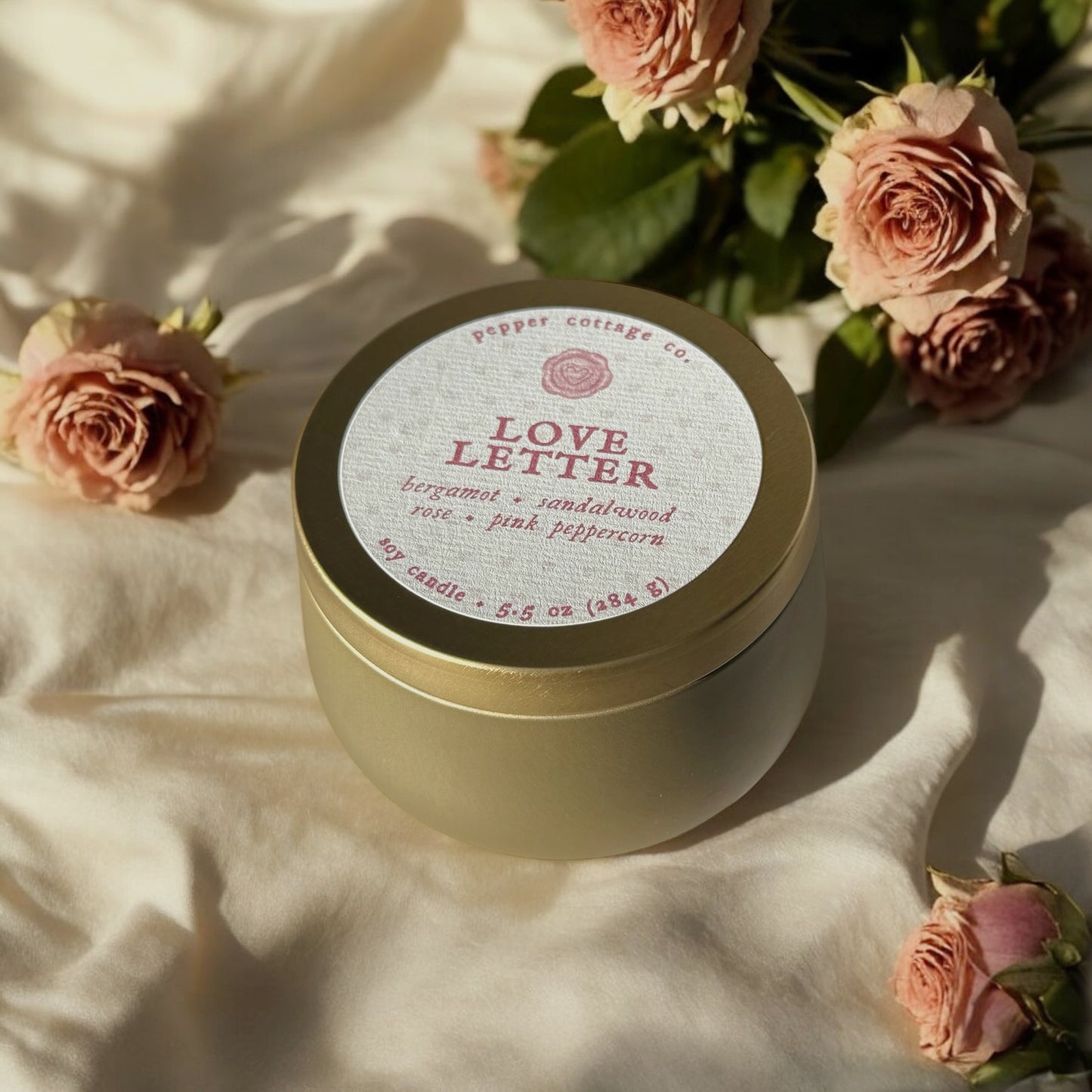 Love Letter 5.5 oz Tin - Rose, Pink Peppercorn, Bergamot, and Sandalwood