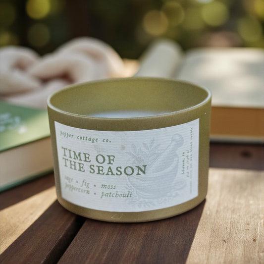 Time of the Season - Fig, Sage, Peppercorn, Moss, Brown Sugar, Patchouli | 5.5 oz Coconut Olive Oil Blend Fall Candle